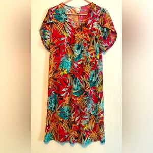 FIG & OLIVE Size L Tropical Leaf & Floral Boho V-Neck short sleeved Dress
